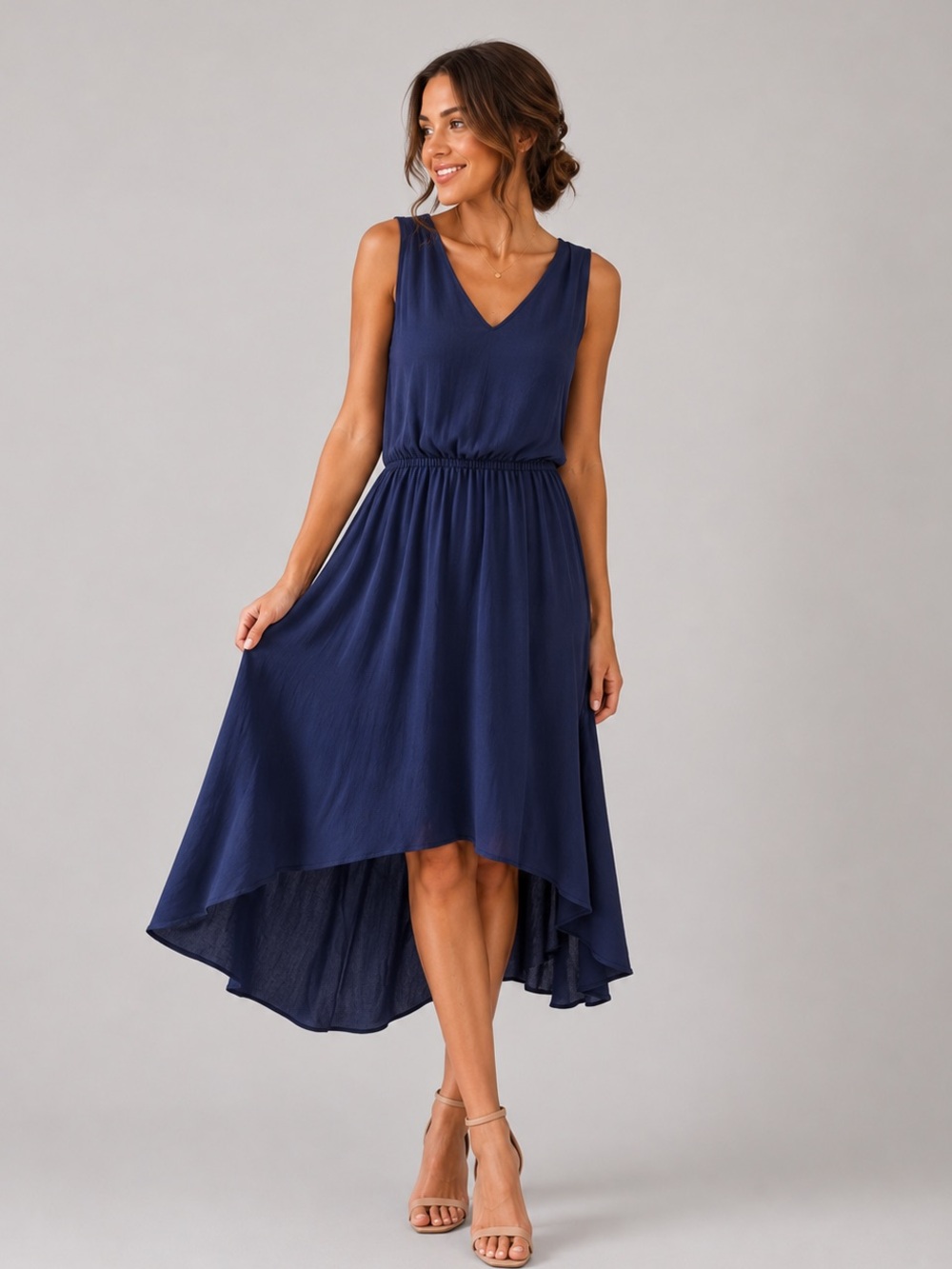 Banana Republic Navy High-Low Midi Dress Size 10 Sleeveless V-Neck Flowy Elegant